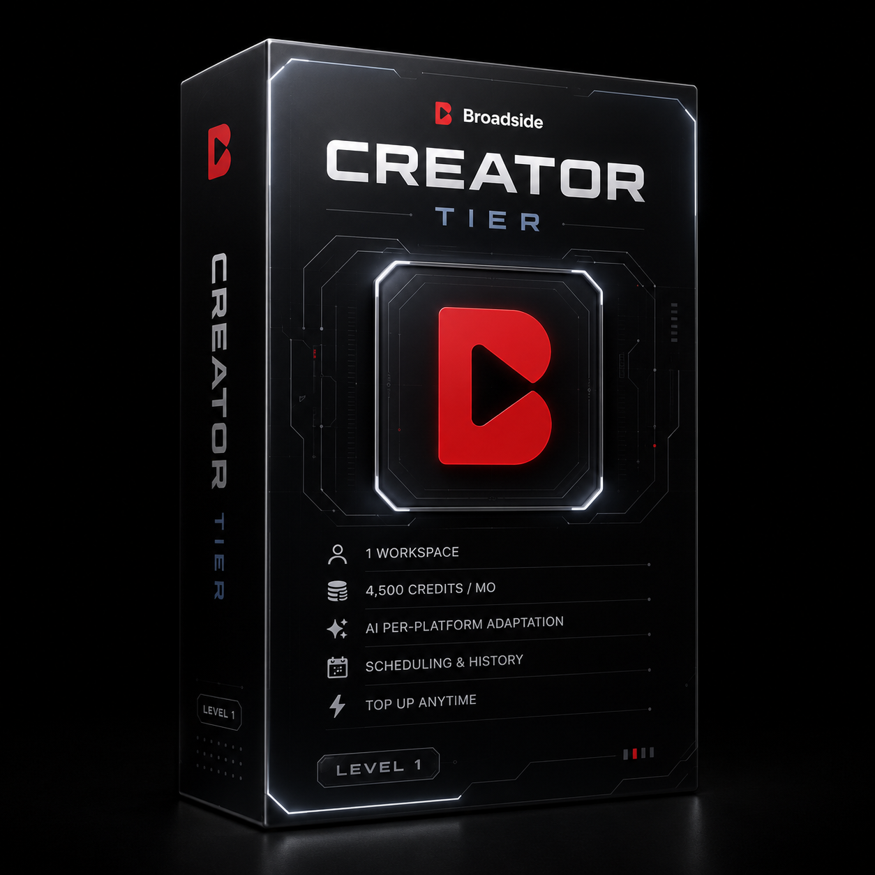 Broadside Creator — $9/mo. 1 workspace, 4,500 credits per month, AI per-platform adaptation, scheduling and full post history.